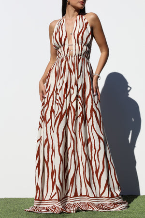 DD8241, BORDER PRINTED DEEP V MAXI DRESS
