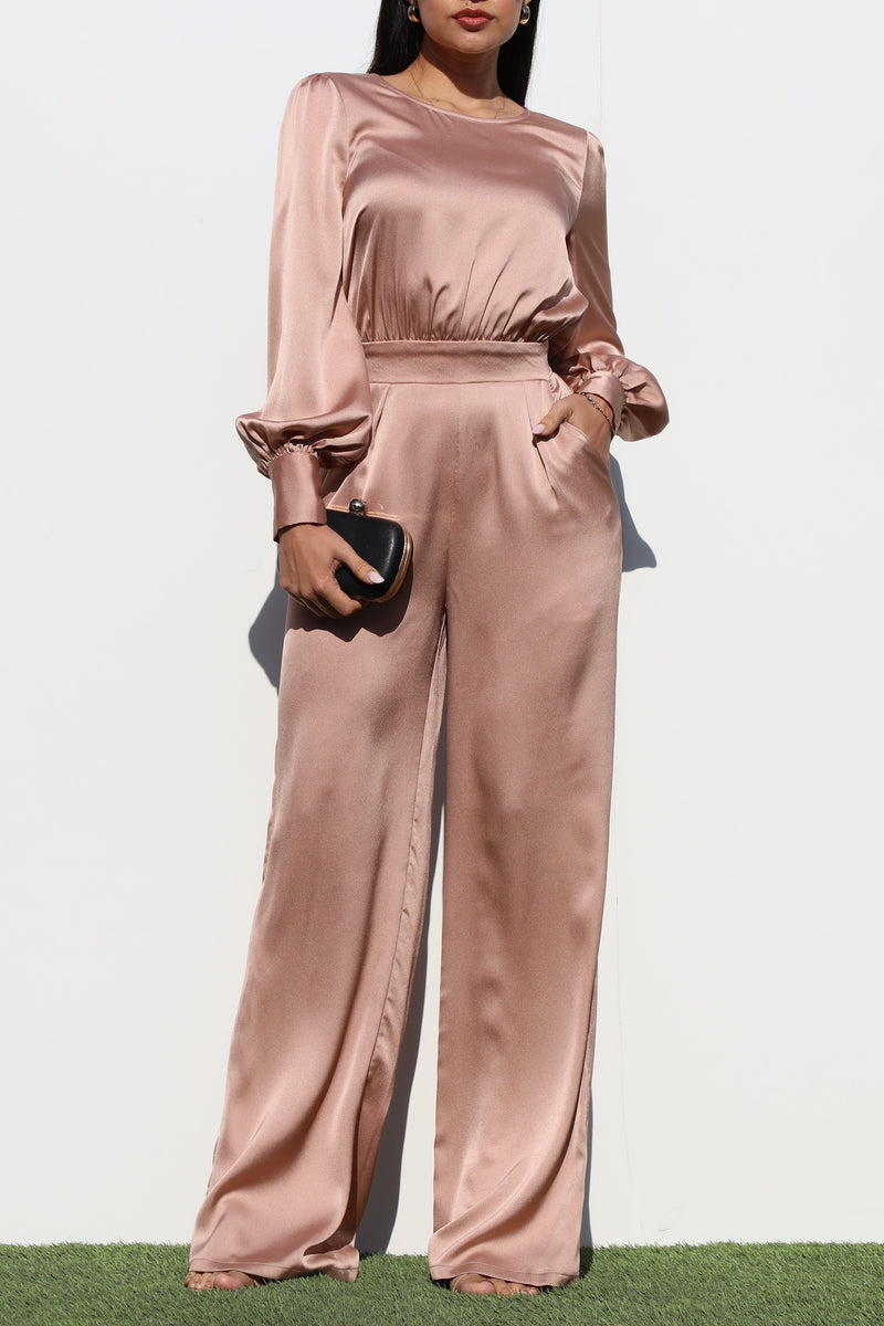 DD1457, PUFF SLEEVES SATIN JUMPSUIT