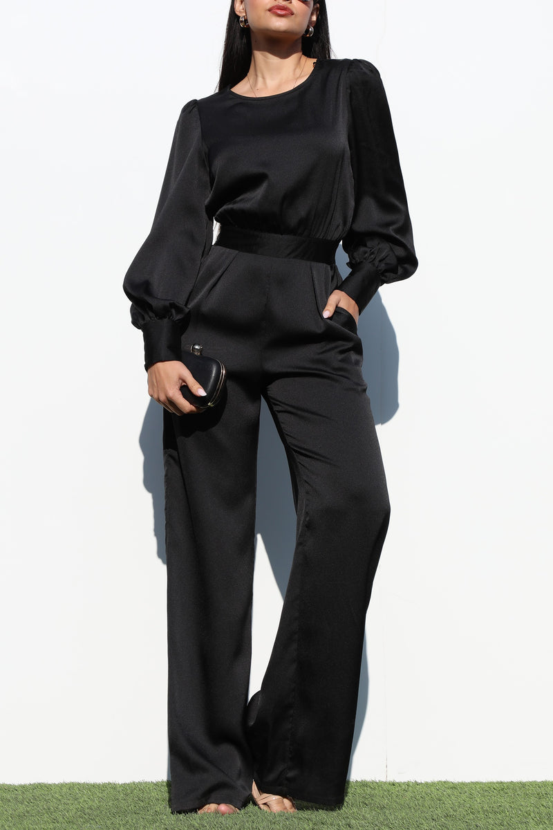 DD1457, PUFF SLEEVES SATIN JUMPSUIT