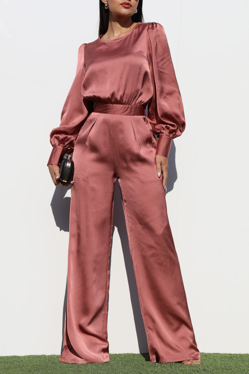 DD1457, PUFF SLEEVES SATIN JUMPSUIT