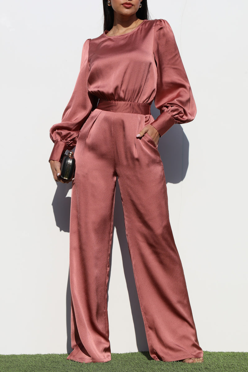 DD1457, PUFF SLEEVES SATIN JUMPSUIT