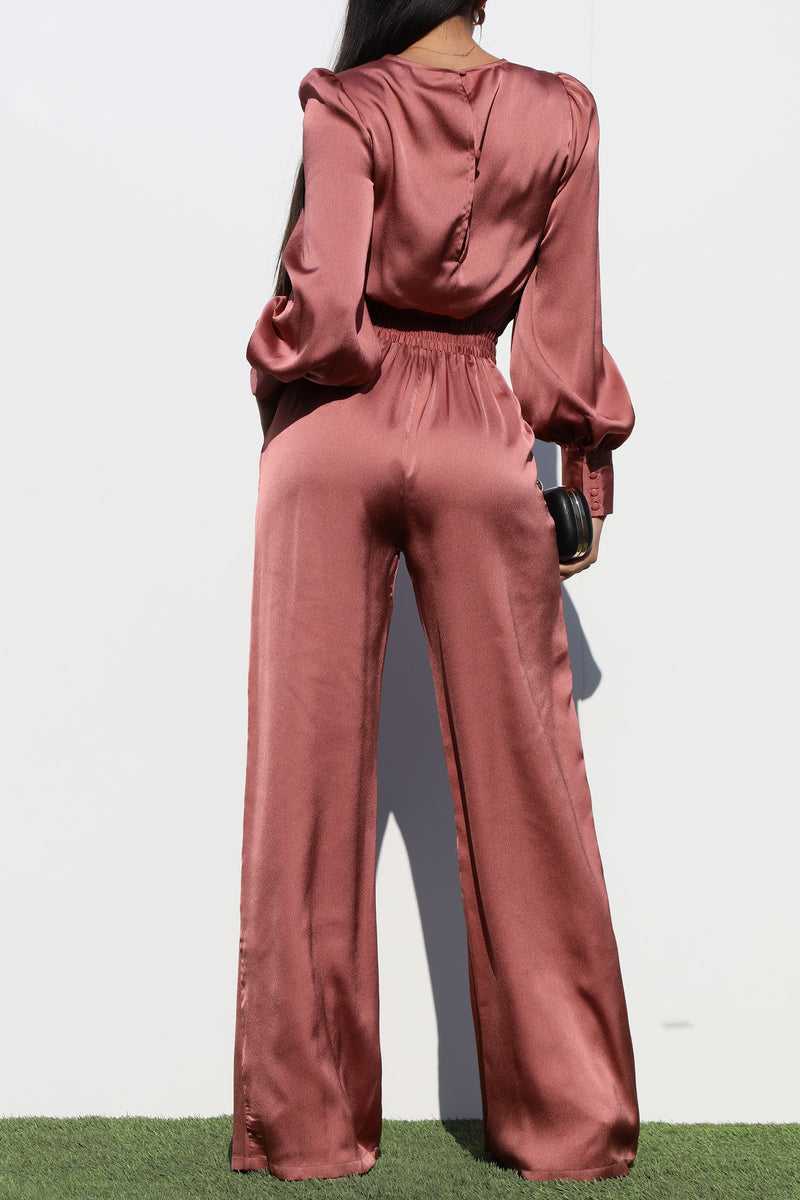 DD1457, PUFF SLEEVES SATIN JUMPSUIT