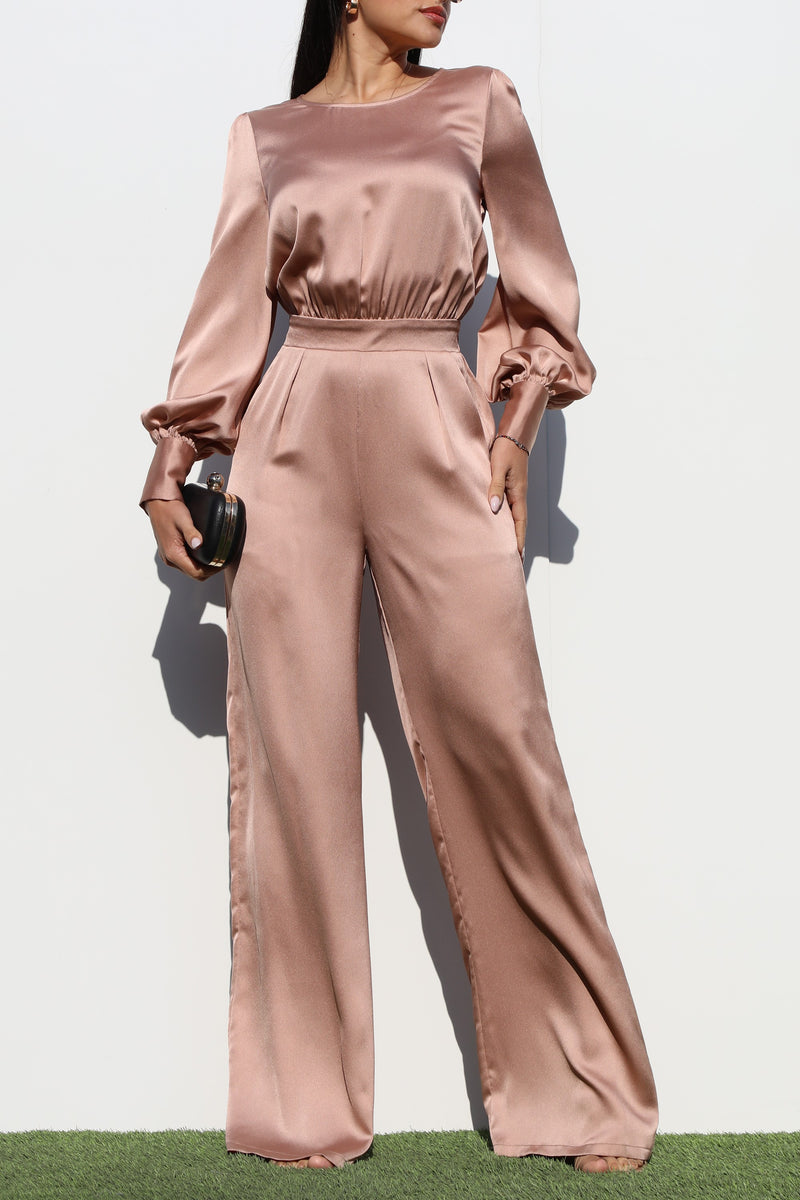 DD1457, PUFF SLEEVES SATIN JUMPSUIT