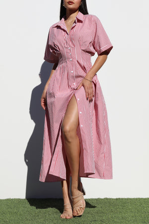 DD7108, STRIPED BUTTON DOWN WOVEN DRESS