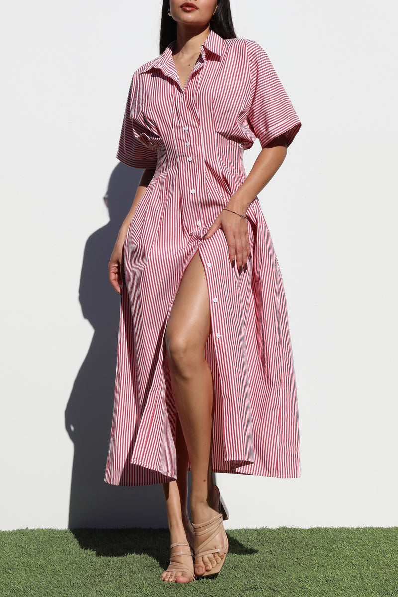 DD7108, STRIPED BUTTON DOWN WOVEN DRESS