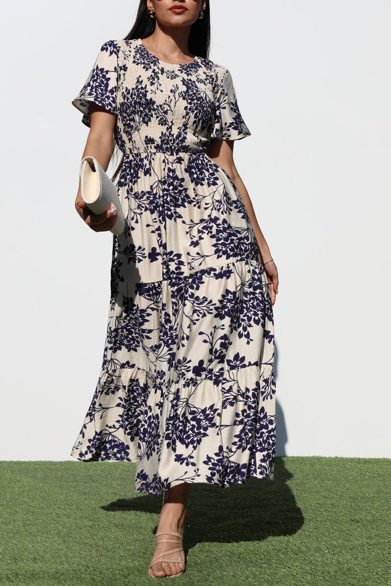 DD6880, SMOCKED TOP WOVEN MIDI DRESS