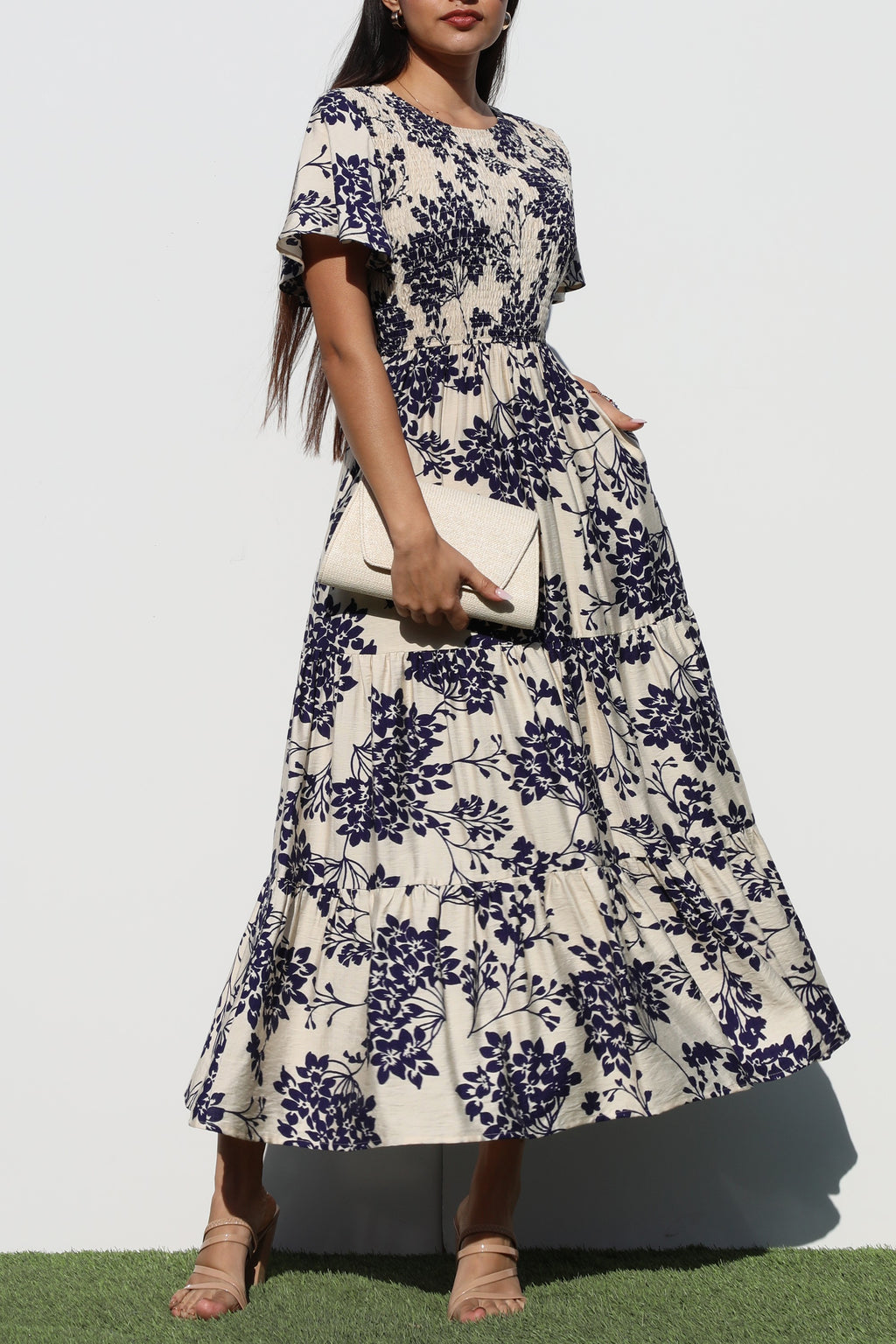 DD6880, SMOCKED TOP WOVEN MIDI DRESS