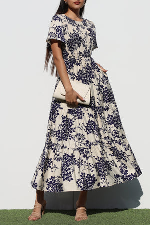 DD6880, SMOCKED TOP WOVEN MIDI DRESS