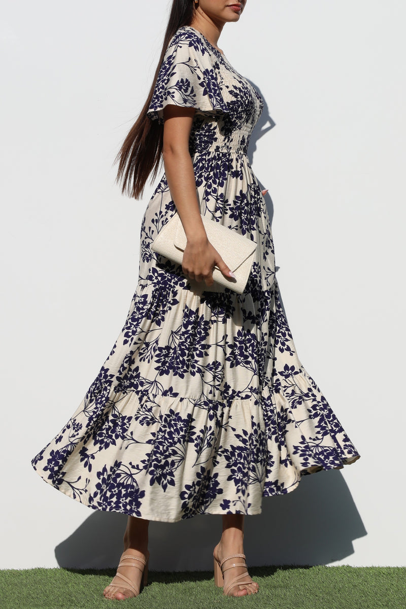 DD6880, SMOCKED TOP WOVEN MIDI DRESS