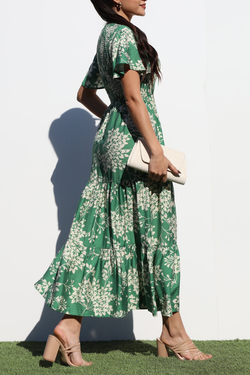 DD6880, SMOCKED TOP WOVEN MIDI DRESS