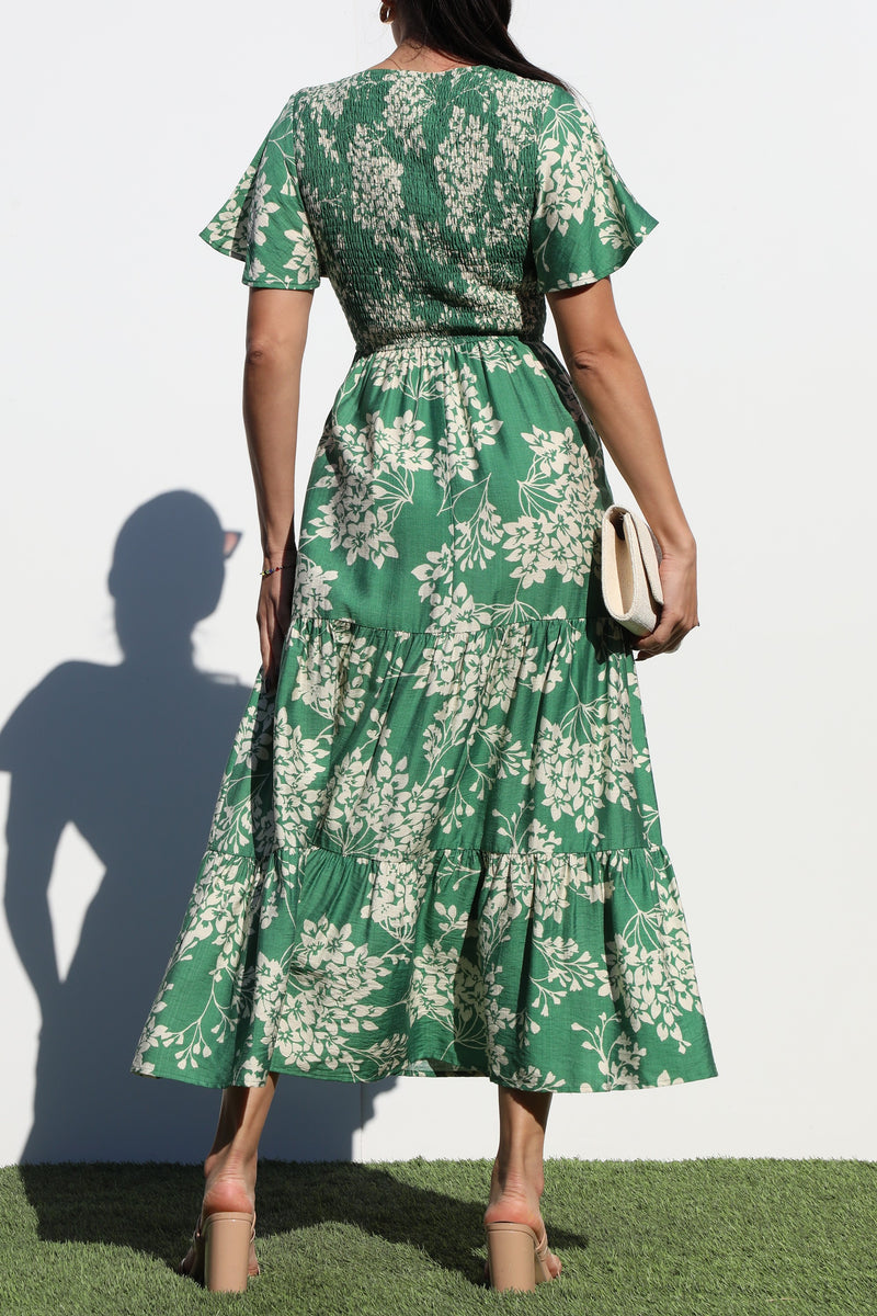 DD6880, SMOCKED TOP WOVEN MIDI DRESS
