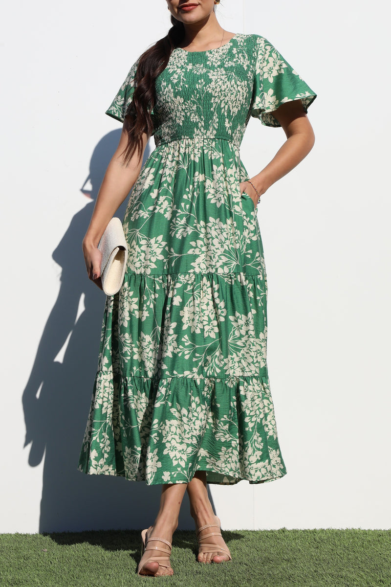 DD6880, SMOCKED TOP WOVEN MIDI DRESS