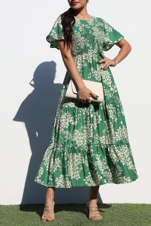 DD6880, SMOCKED TOP WOVEN MIDI DRESS