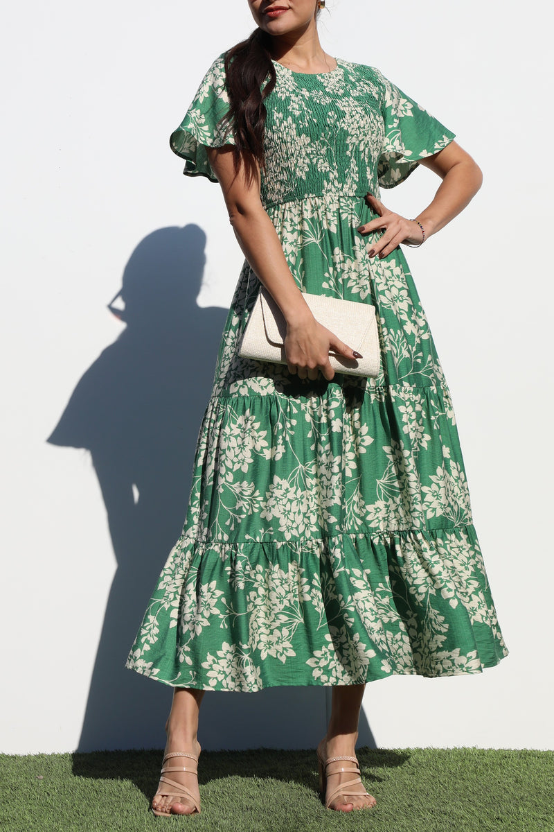 DD6880, SMOCKED TOP WOVEN MIDI DRESS