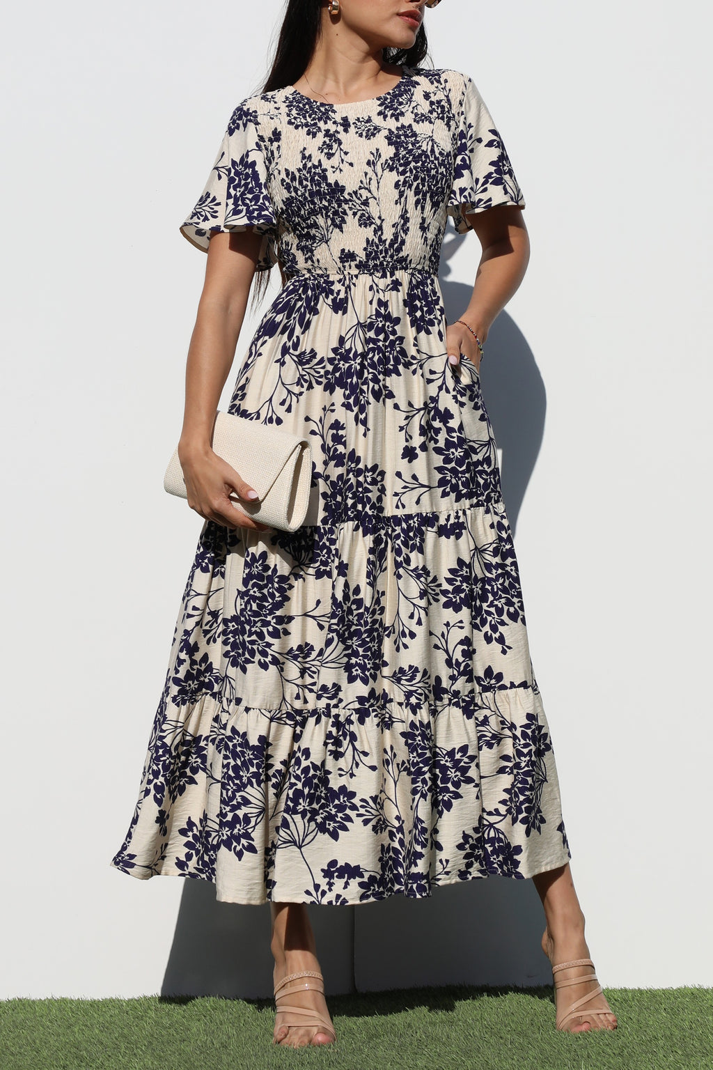 DD6880, SMOCKED TOP WOVEN MIDI DRESS