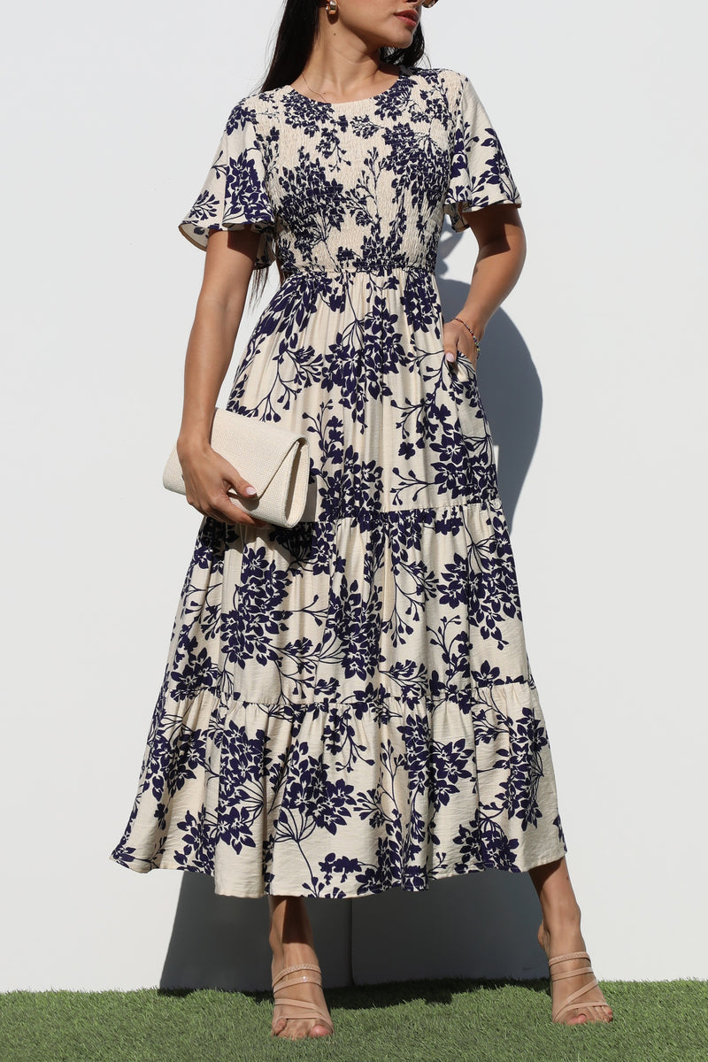 DD6880, SMOCKED TOP WOVEN MIDI DRESS