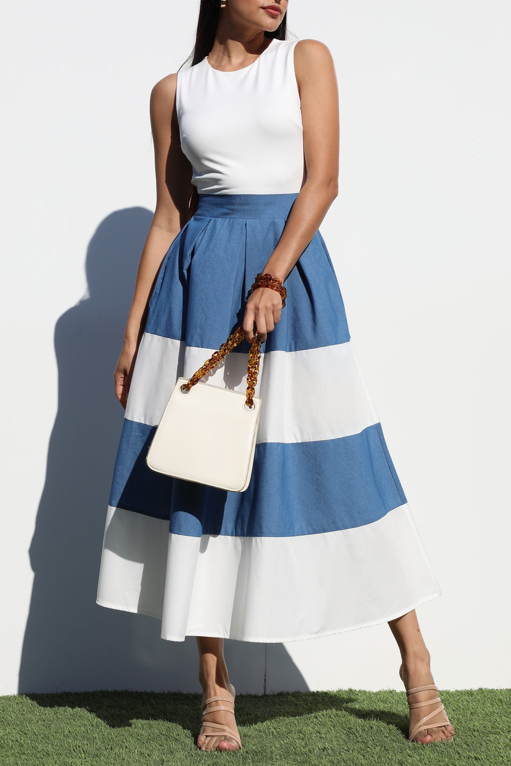 DD6943, ROUND NECK DENIM MIDI DRESS