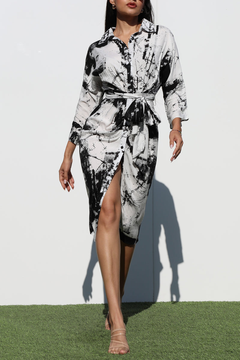 DD4354, PRINTED BUTTON DOWN WOVEN SHIRT DRESS