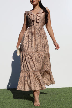DD6787, PRINTED V NECK MIDI DRESS
