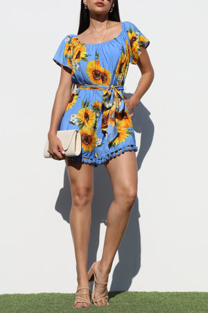 DD3111, SUNFLOWER PRINTED WOVEN ROMPER