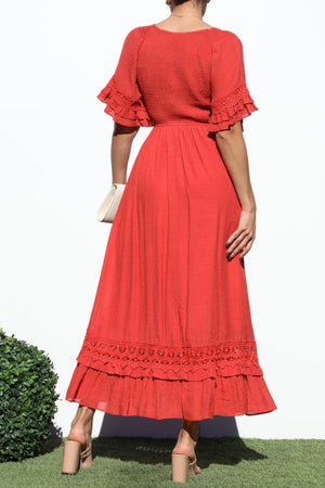 DD8173, SMOCKED TOP LACE MIDI DRESS