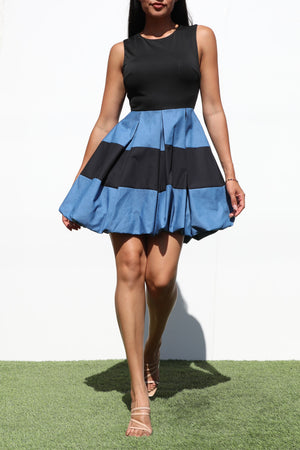 DD7002, BUBBLE SKIRT DENIM MINI DRESS