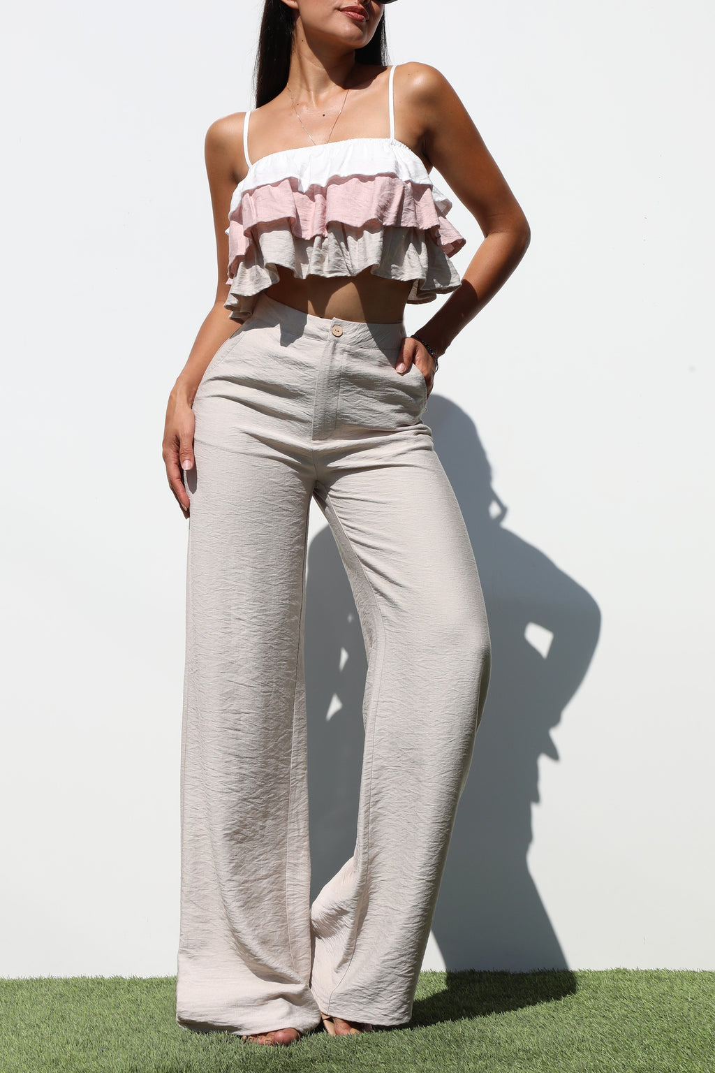 DD6858, RUFFLED WOVEN TOP AND PANTS