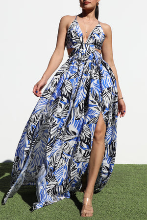 DD6902, PRINTED V NECK WOVEN  MAXI DRESS