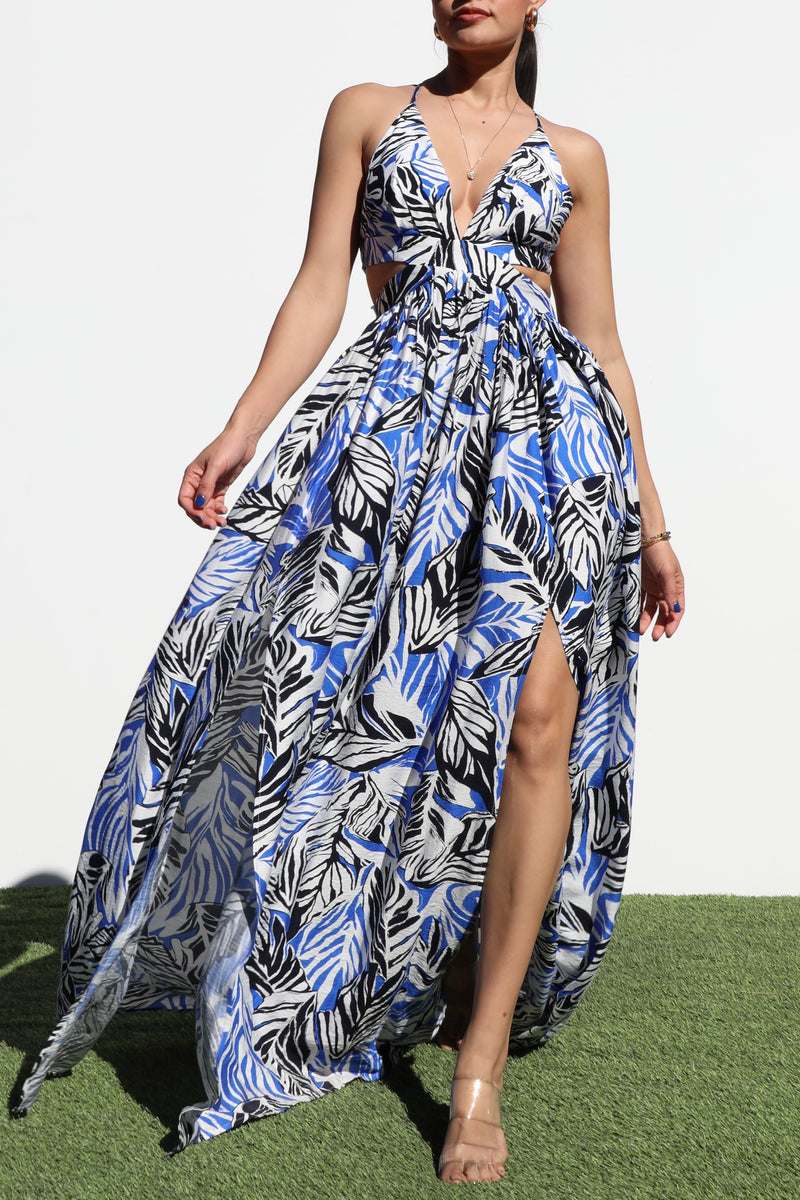 DD6902, PRINTED V NECK WOVEN  MAXI DRESS