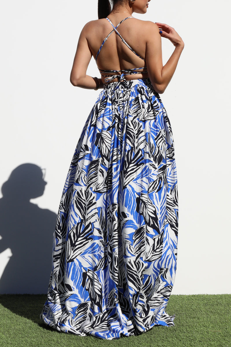 DD6902, PRINTED V NECK WOVEN  MAXI DRESS