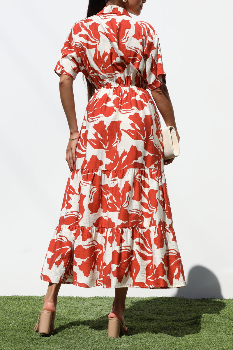 DD7243, PRINTED BUTTON DOWN WOVEN MIDI DRESS