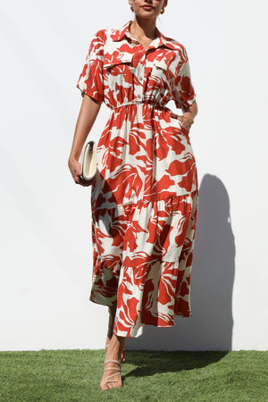 DD7243, PRINTED BUTTON DOWN WOVEN MIDI DRESS
