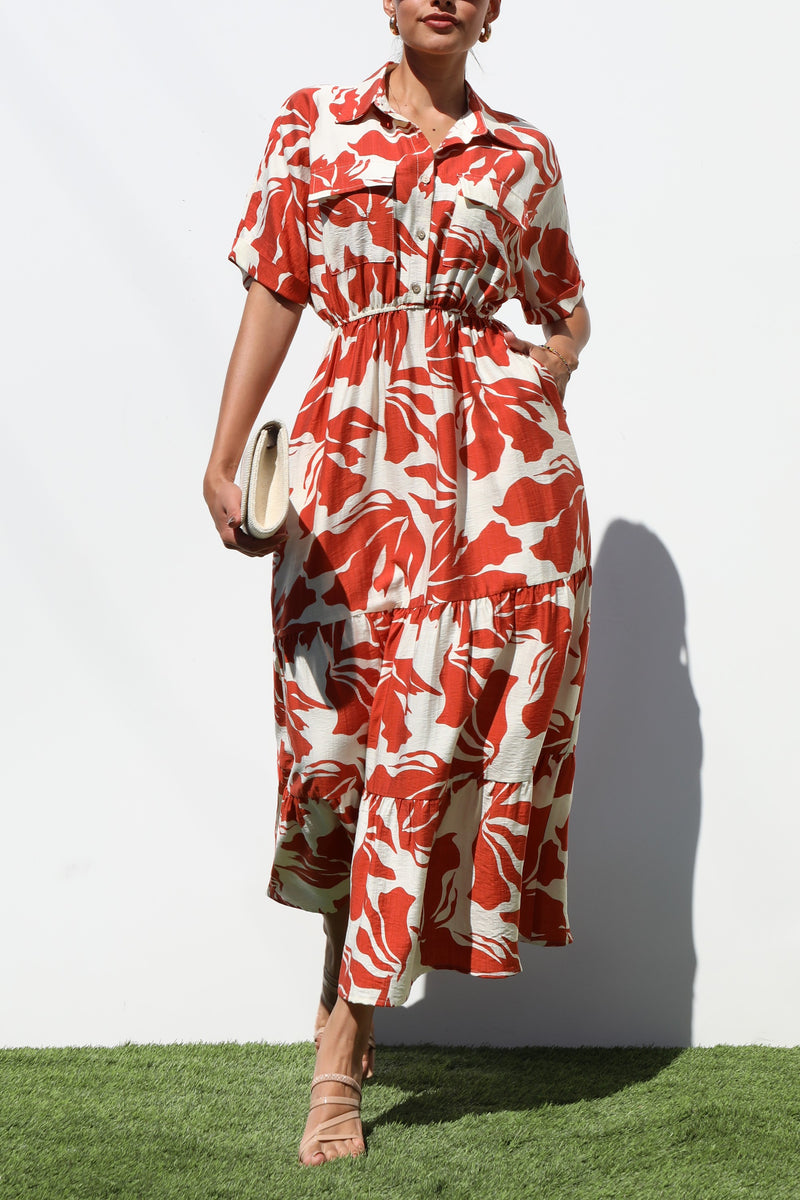 DD7243, PRINTED BUTTON DOWN WOVEN MIDI DRESS
