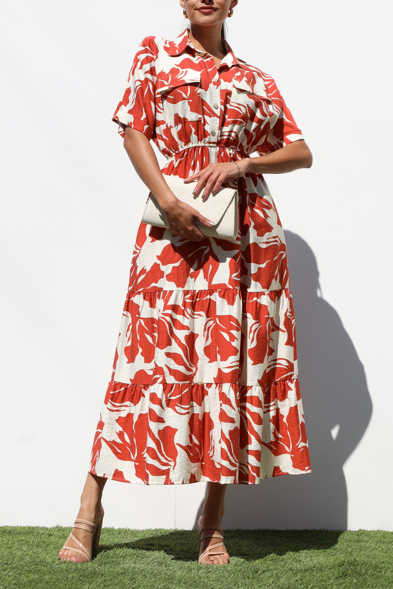 DD7243, PRINTED BUTTON DOWN WOVEN MIDI DRESS