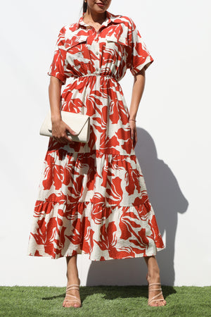 DD7243, PRINTED BUTTON DOWN WOVEN MIDI DRESS