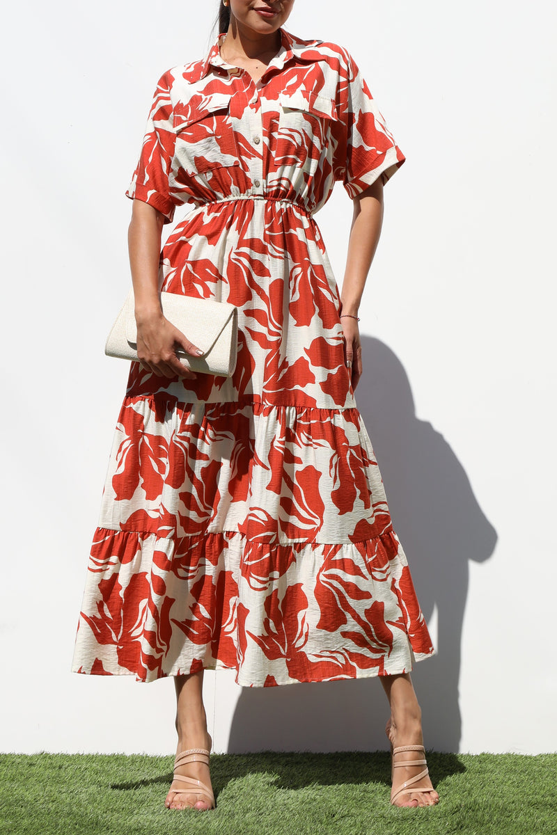 DD7243, PRINTED BUTTON DOWN WOVEN MIDI DRESS