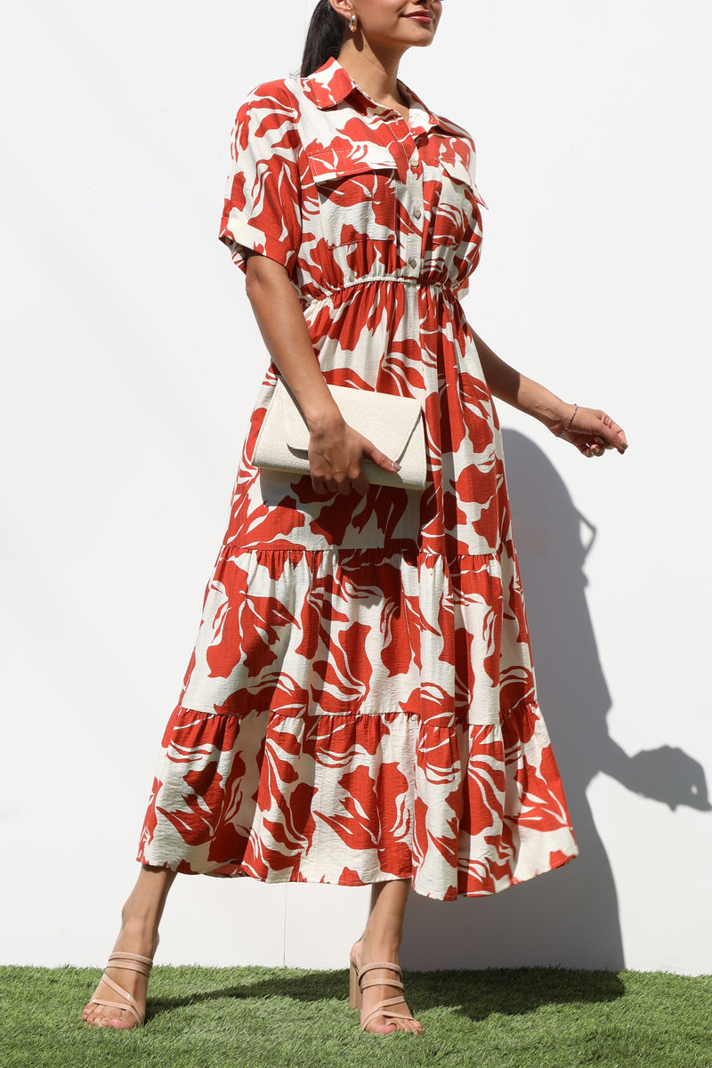 DD7243, PRINTED BUTTON DOWN WOVEN MIDI DRESS