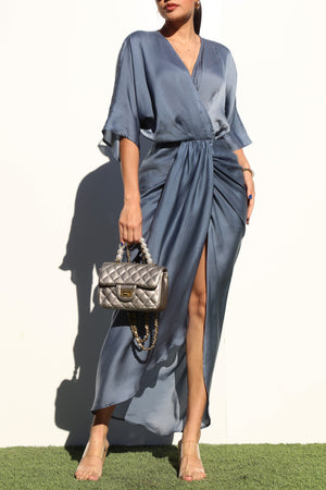 DD7122, V NECK WOVEN RUCHED MIDI DRESS