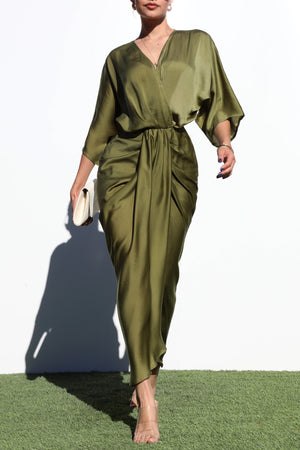 DD7122, V NECK WOVEN RUCHED MIDI DRESS