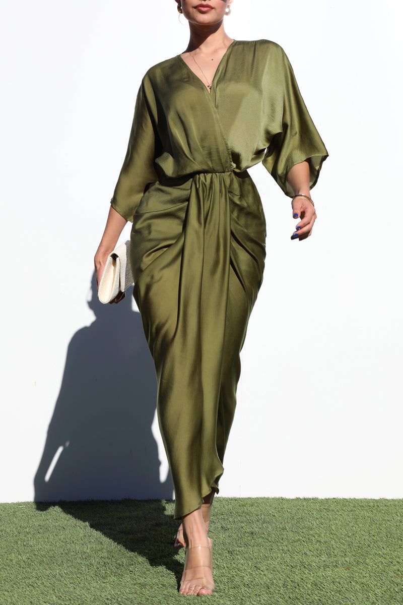 DD7122, V NECK WOVEN RUCHED MIDI DRESS