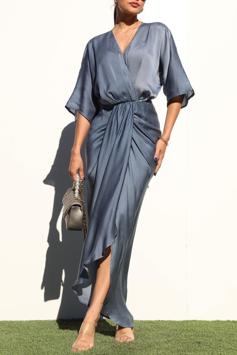 DD7122, V NECK WOVEN RUCHED MIDI DRESS