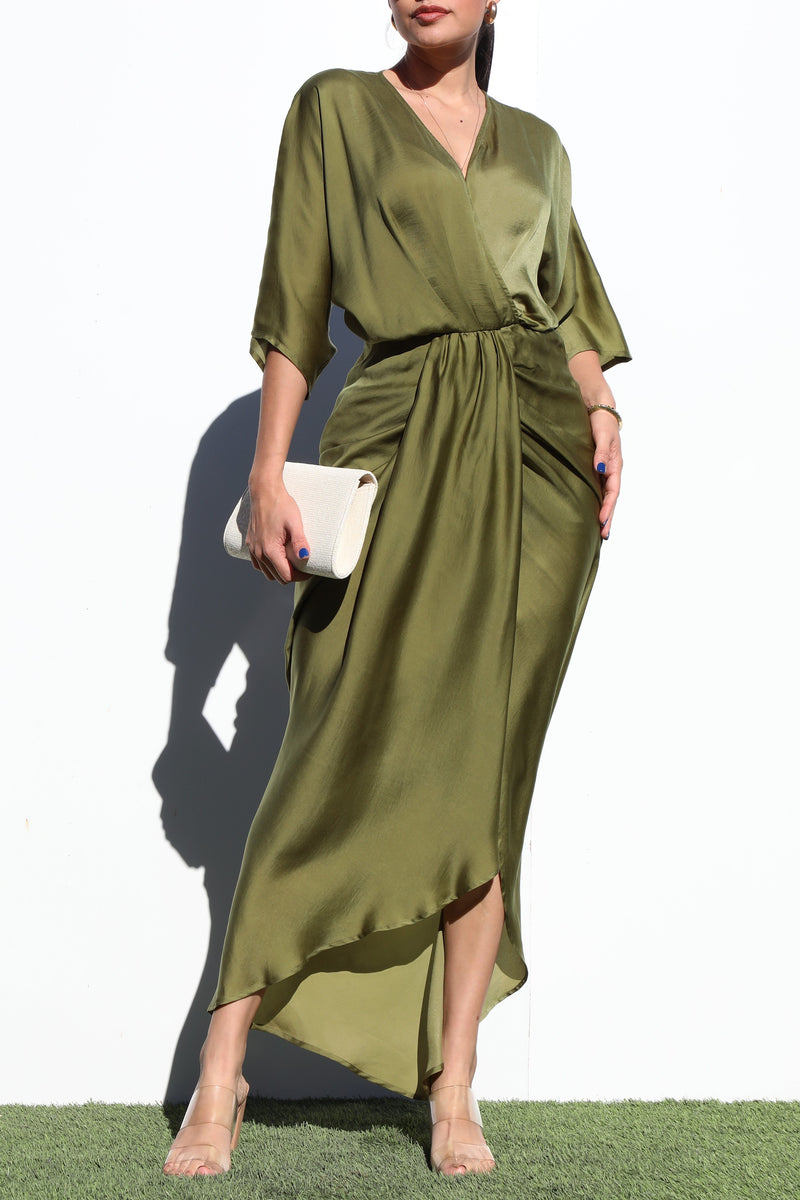 DD7122, V NECK WOVEN RUCHED MIDI DRESS
