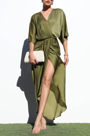 DD7122, V NECK WOVEN RUCHED MIDI DRESS