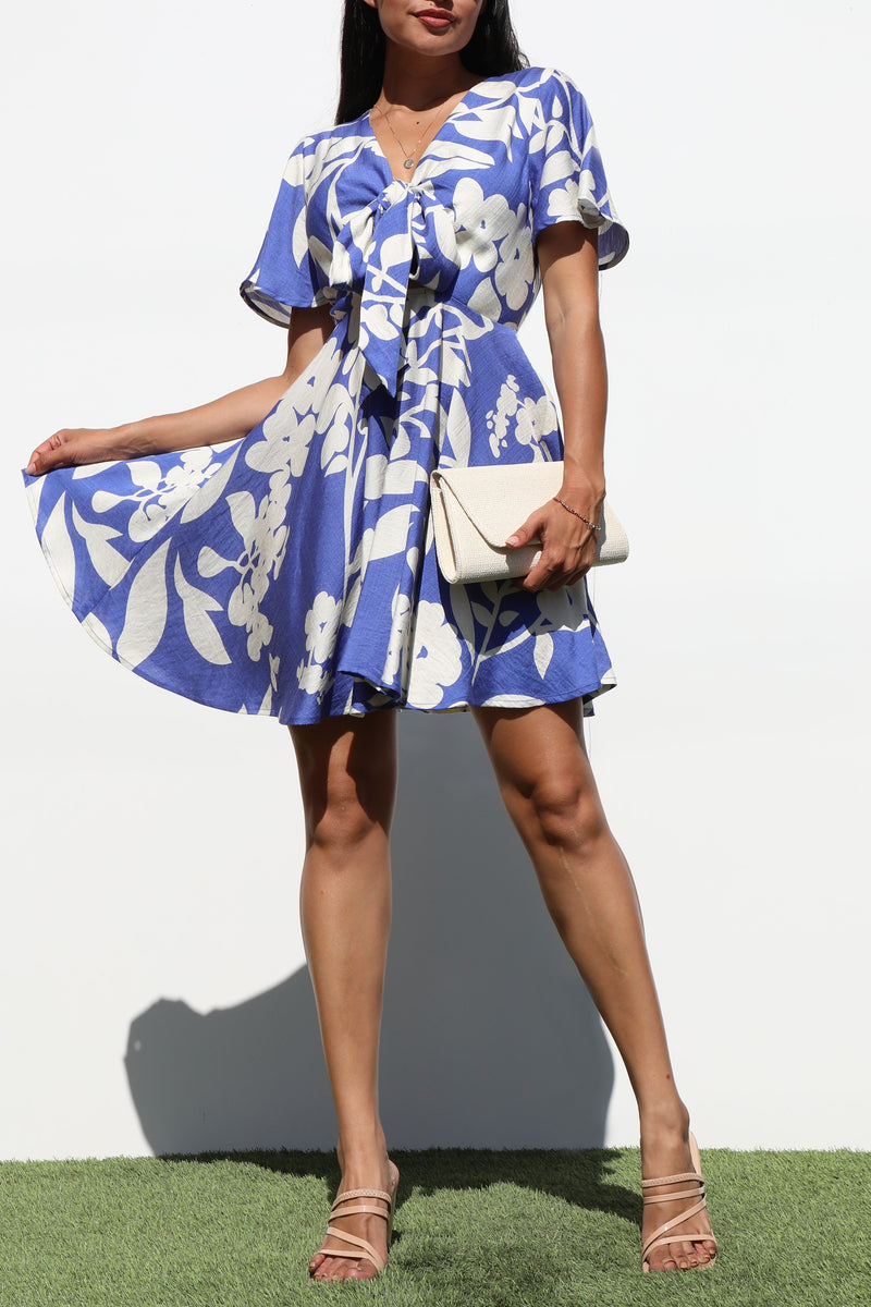 DD7111, FRT TIE WOVEN MINI DRESS