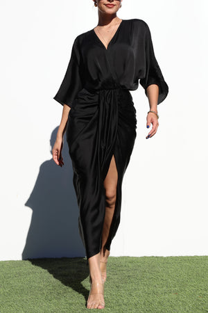 DD7122, V NECK WOVEN RUCHED MIDI DRESS