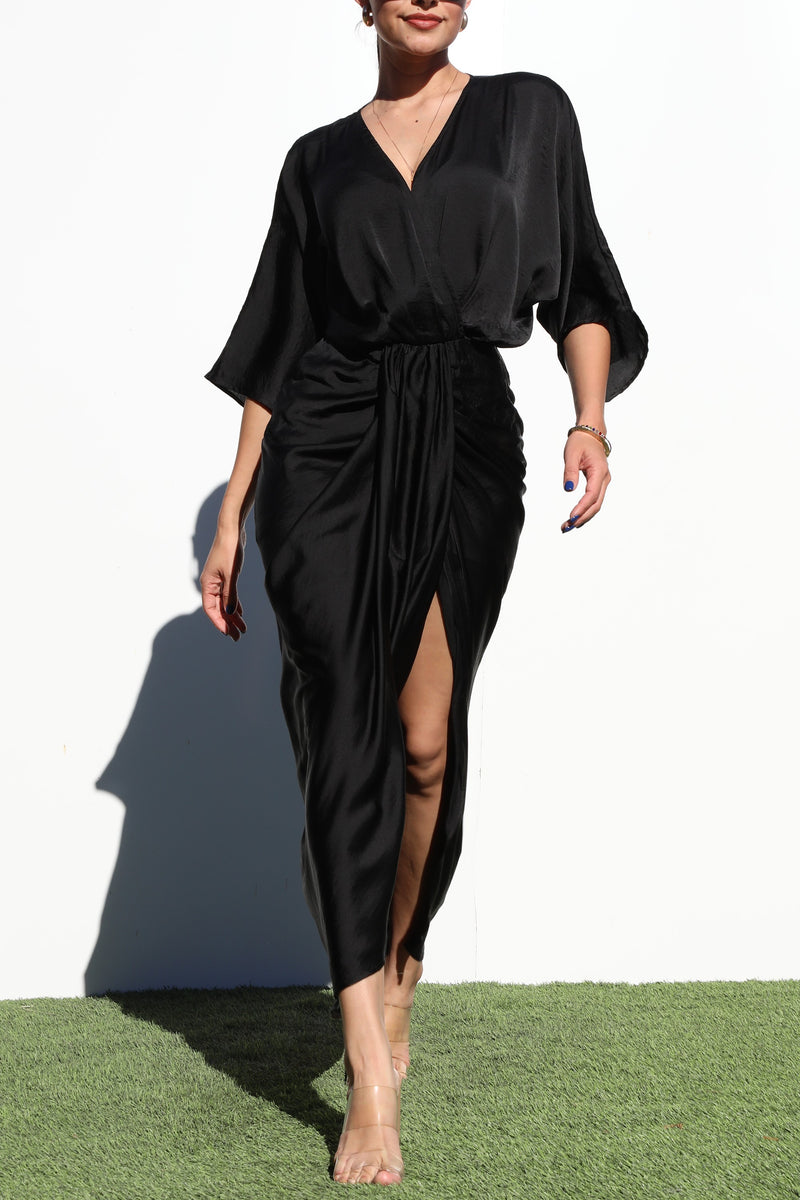 DD7122, V NECK WOVEN RUCHED MIDI DRESS