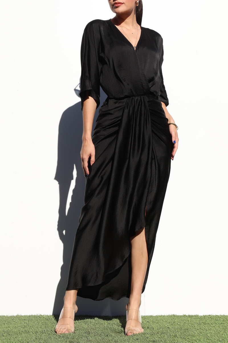 DD7122, V NECK WOVEN RUCHED MIDI DRESS