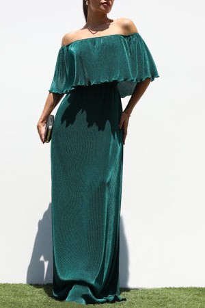 DD1658, PLEATED OFF SHOULDER MAXI DRESS