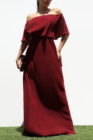 DD1658, PLEATED OFF SHOULDER MAXI DRESS