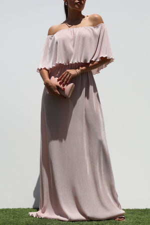 DD1658, PLEATED OFF SHOULDER MAXI DRESS